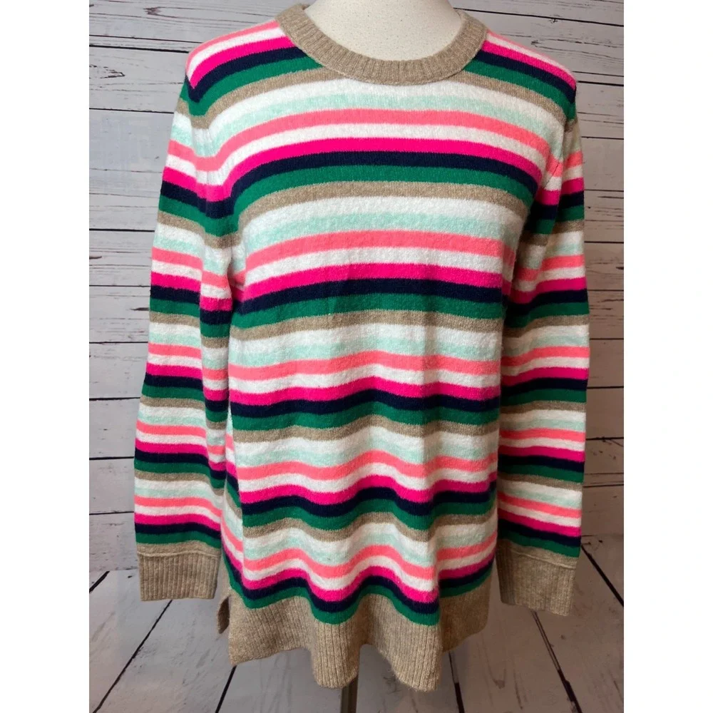 J Crew Pullover Sweater Womens Medium Extra Soft Yarn Rainbow Striped Wool Blend